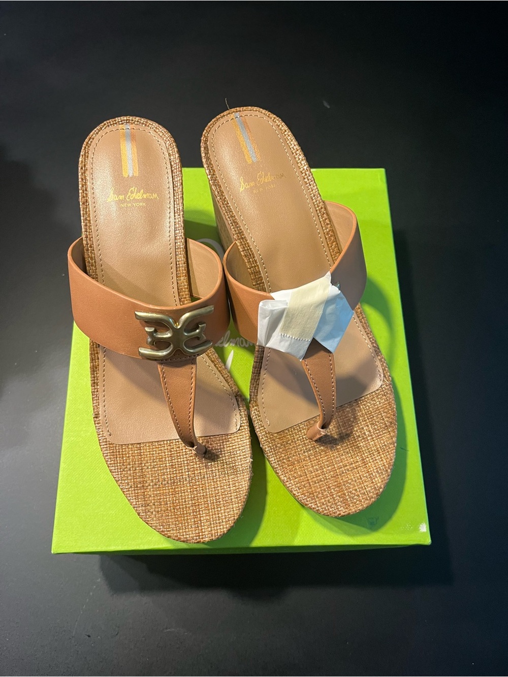 Sam Edelman Cognac Leather Thong Sandals with Gold Logo